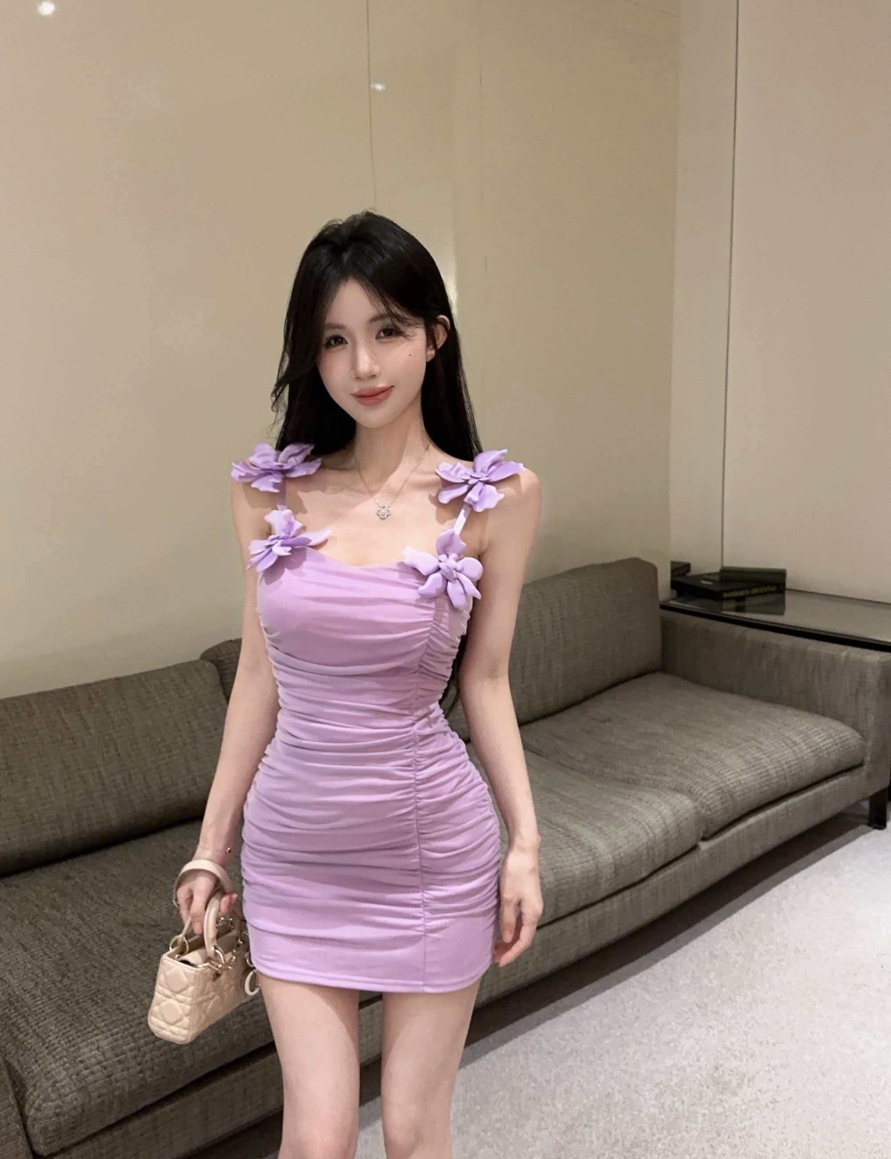 Flowers sling splice package hip gauze dress