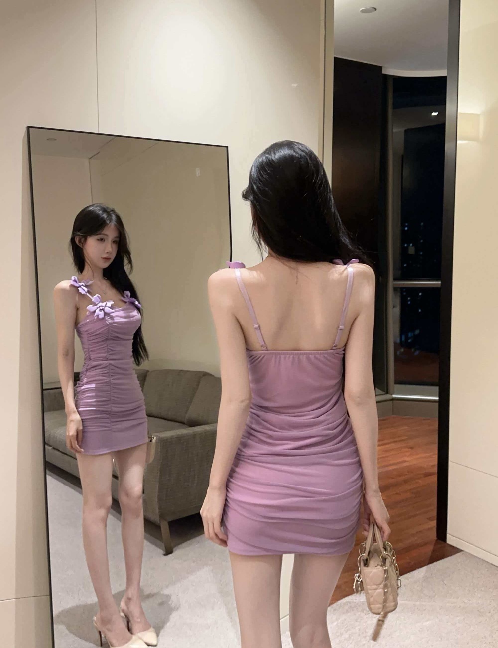 Flowers sling splice package hip gauze dress