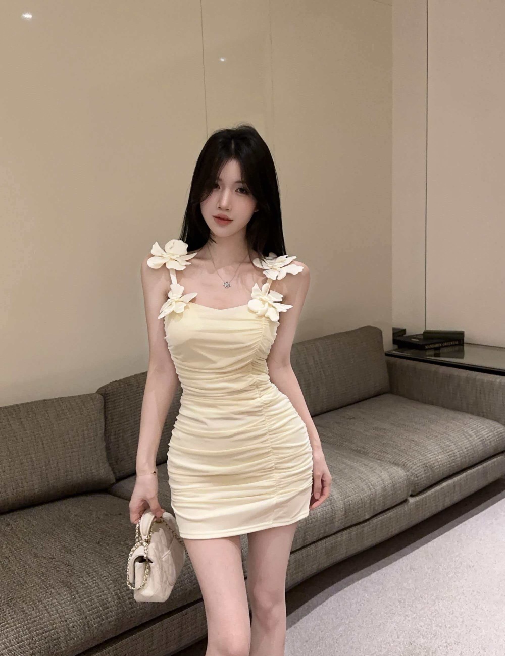 Flowers sling splice package hip gauze dress