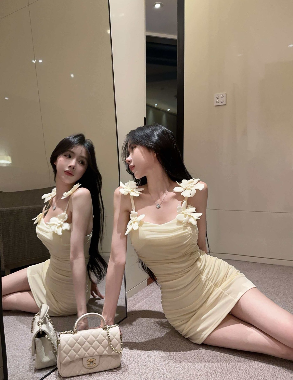 Flowers sling splice package hip gauze dress