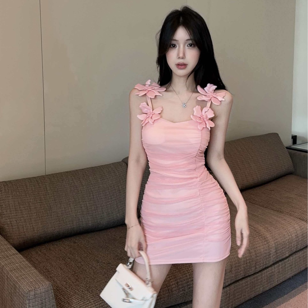 Flowers sling splice package hip gauze dress