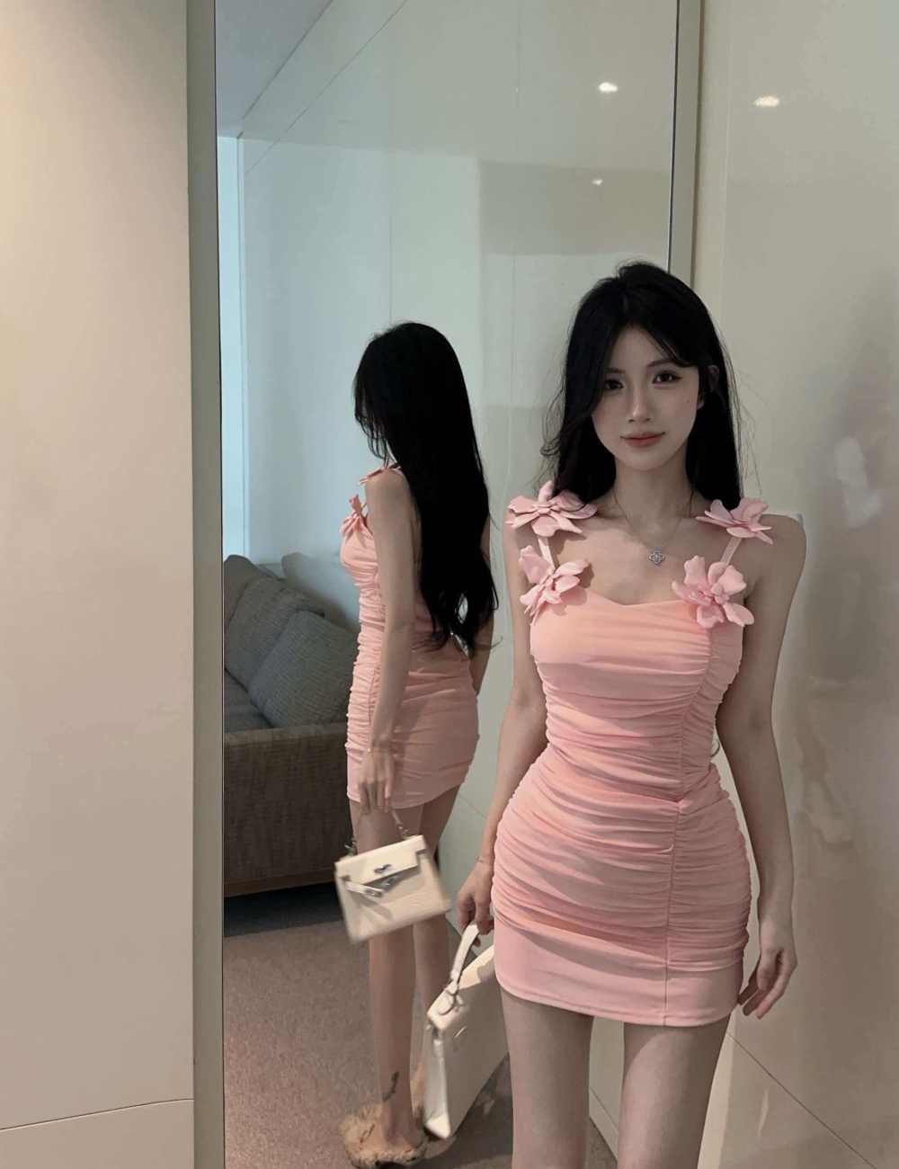 Flowers sling splice package hip gauze dress