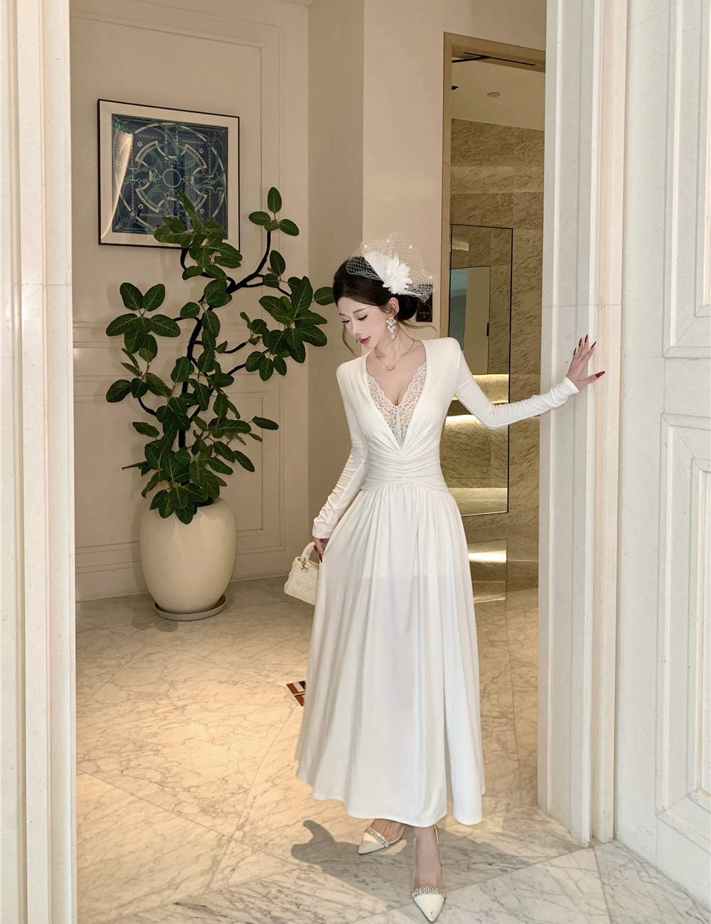 Temperament splice fold dress white banquet long dress