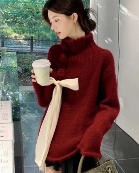 Western style winter red bow unique sweater for women