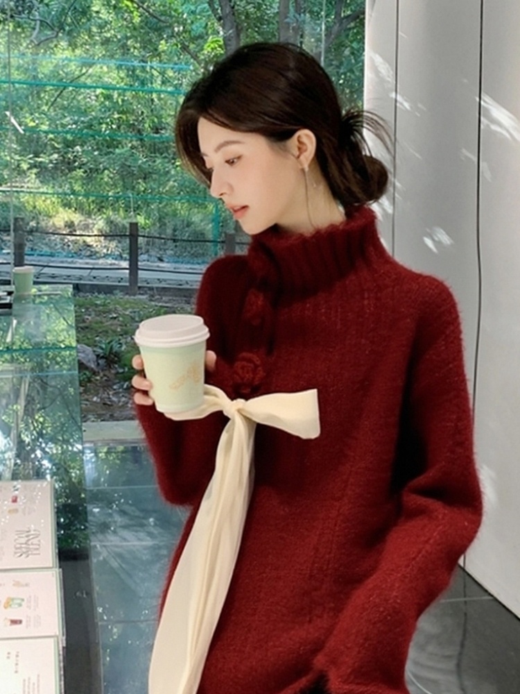Western style winter red bow unique sweater for women
