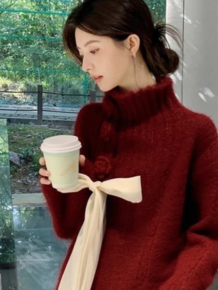 Western style winter red bow unique sweater for women