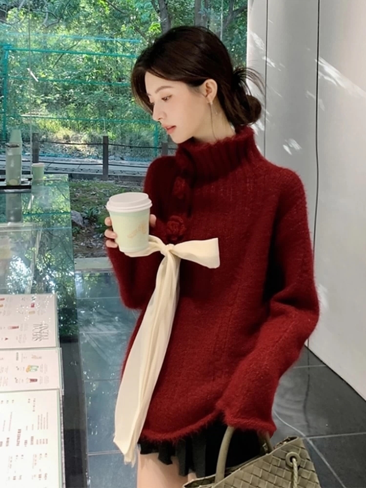 Western style winter red bow unique sweater for women
