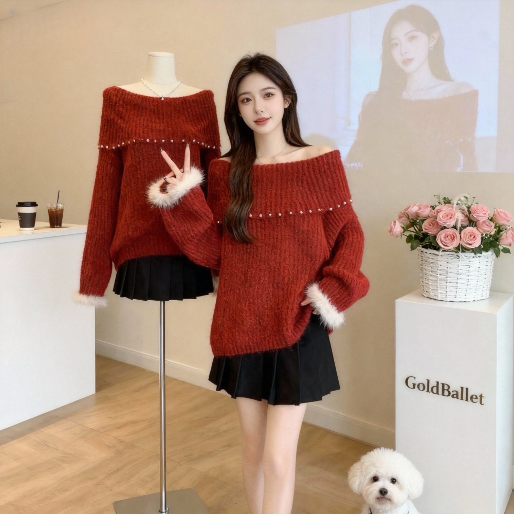 Flat shoulder autumn and winter beading sweater
