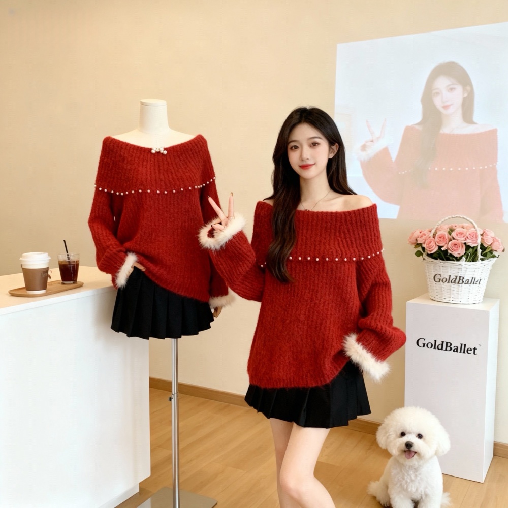 Flat shoulder autumn and winter beading sweater