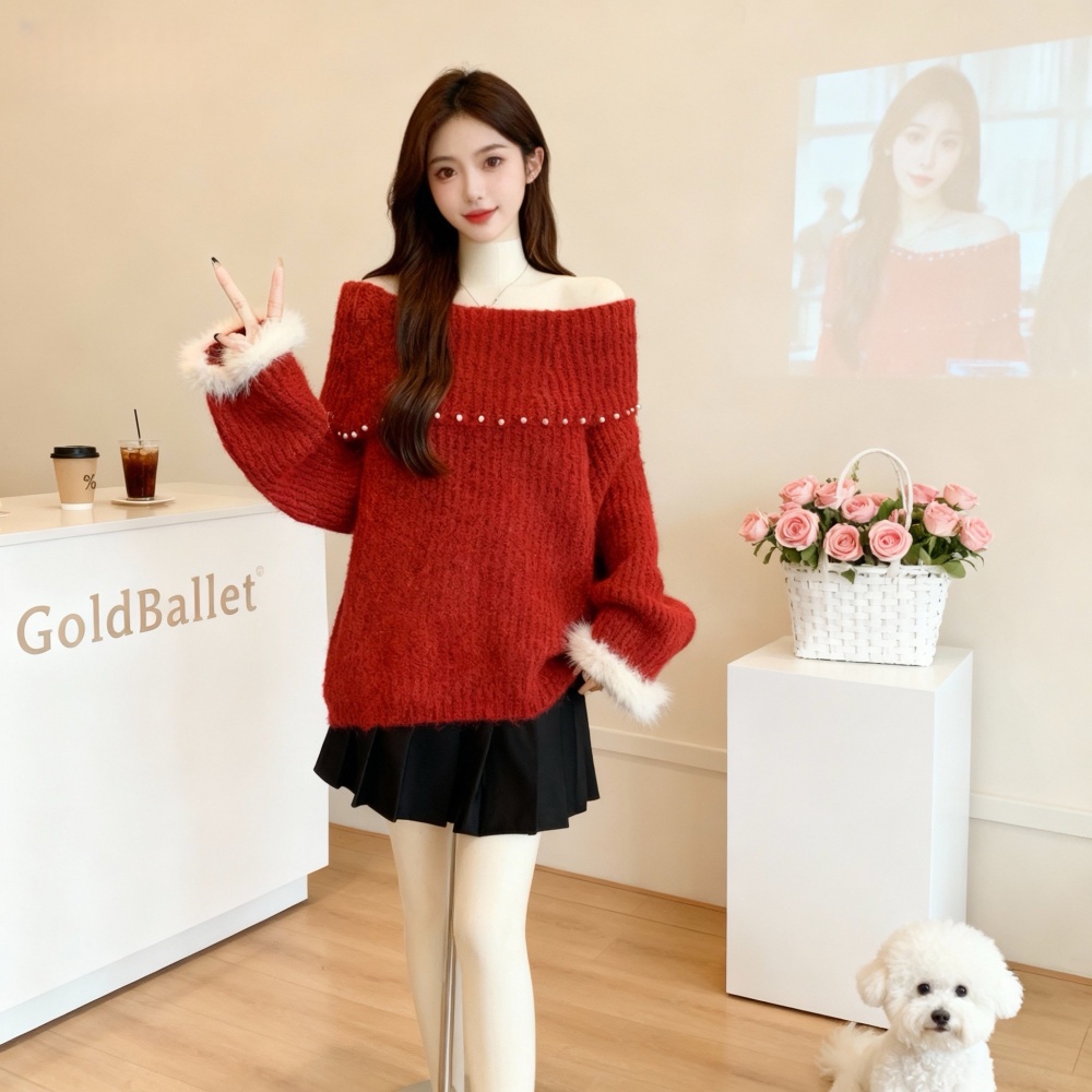 Flat shoulder autumn and winter beading sweater