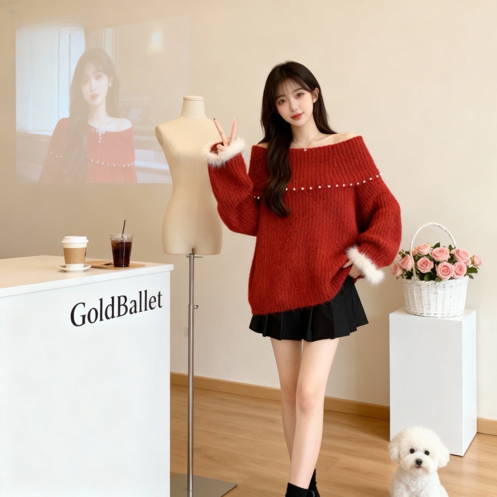 Flat shoulder autumn and winter beading sweater