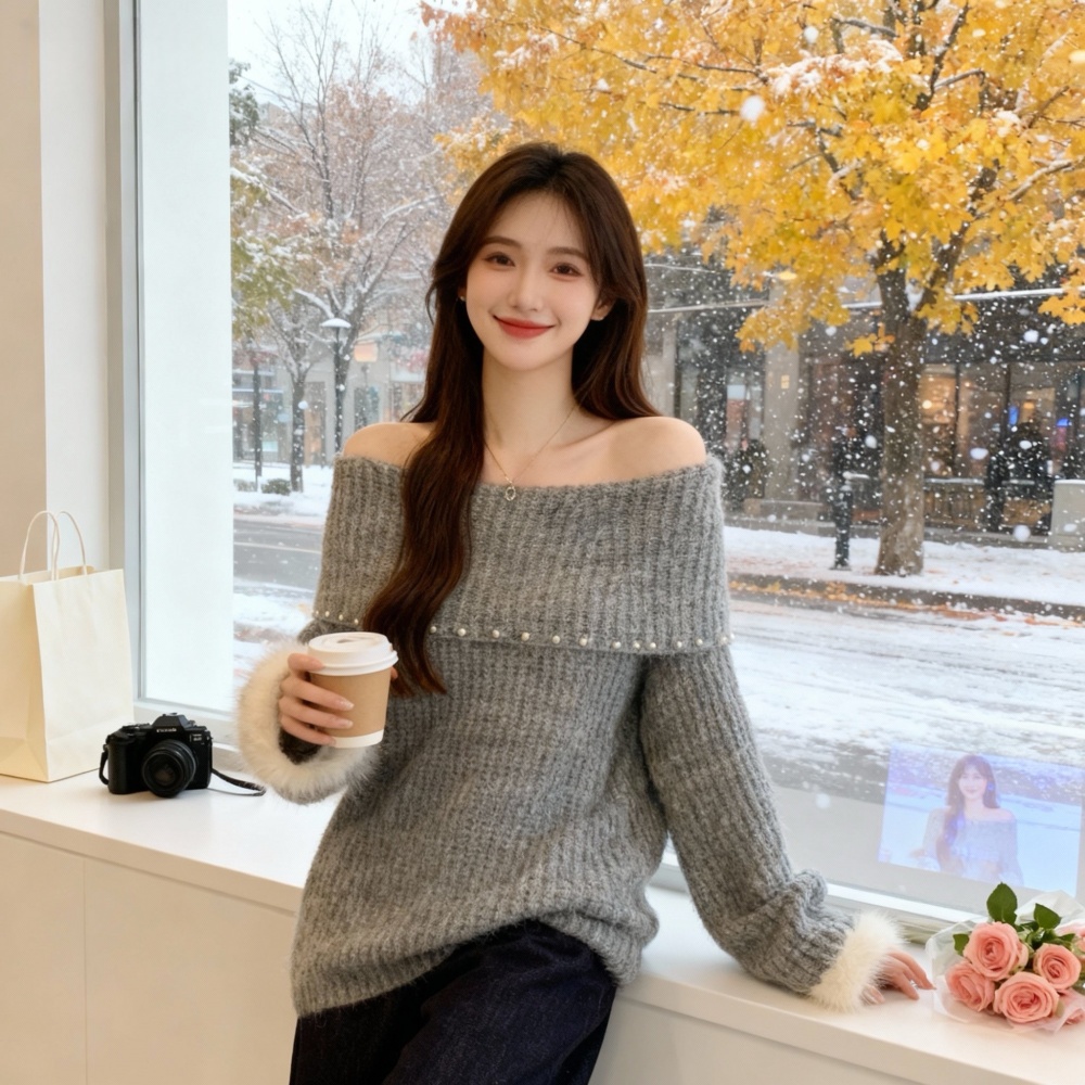 Flat shoulder autumn and winter beading sweater