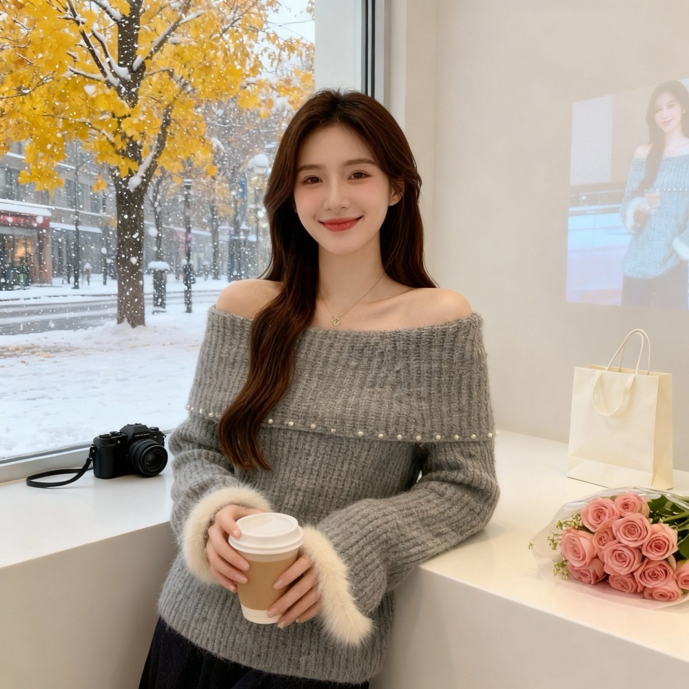 Flat shoulder autumn and winter beading sweater