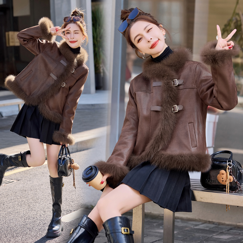 Winter suede down coat splice fur coat for women