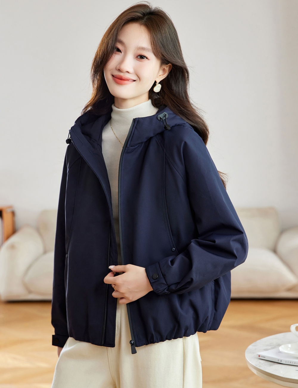 Casual hooded technical jacket navy-blue coat for women