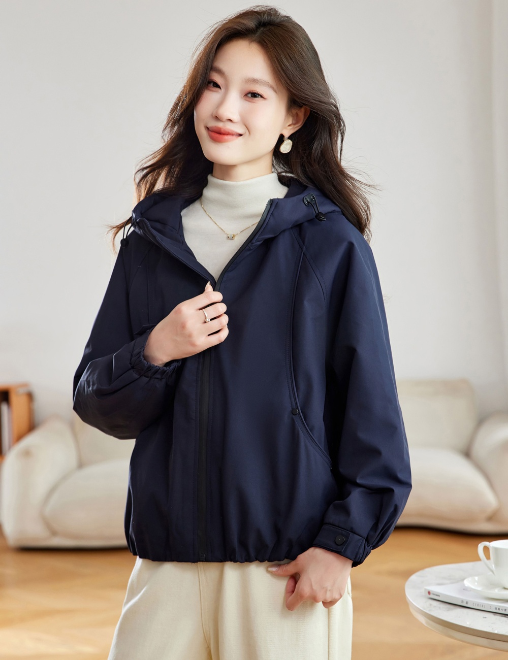 Casual hooded technical jacket navy-blue coat for women
