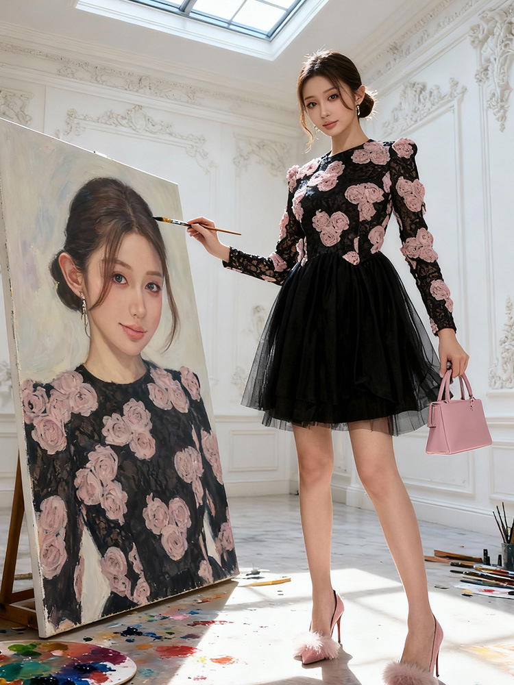 France style flowers formal dress stereoscopic dress