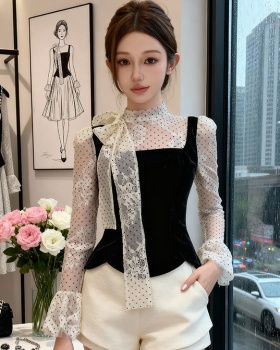 Trumpet sleeves splice lace shirt polka dot France style tops