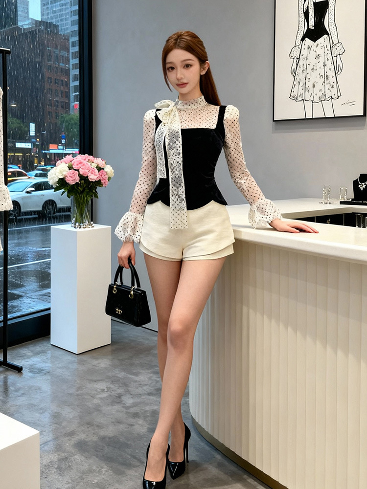 Trumpet sleeves splice lace shirt polka dot France style tops