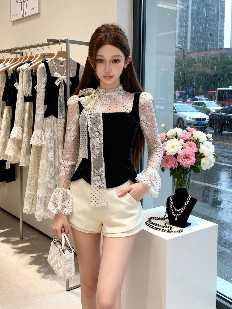 Trumpet sleeves splice lace shirt polka dot France style tops