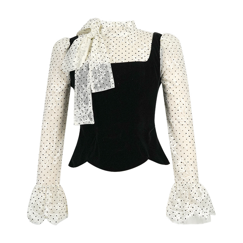Trumpet sleeves splice lace shirt polka dot France style tops