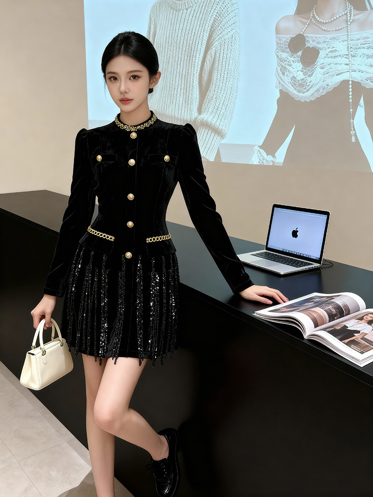 Slim round neck T-back velvet formal dress for women