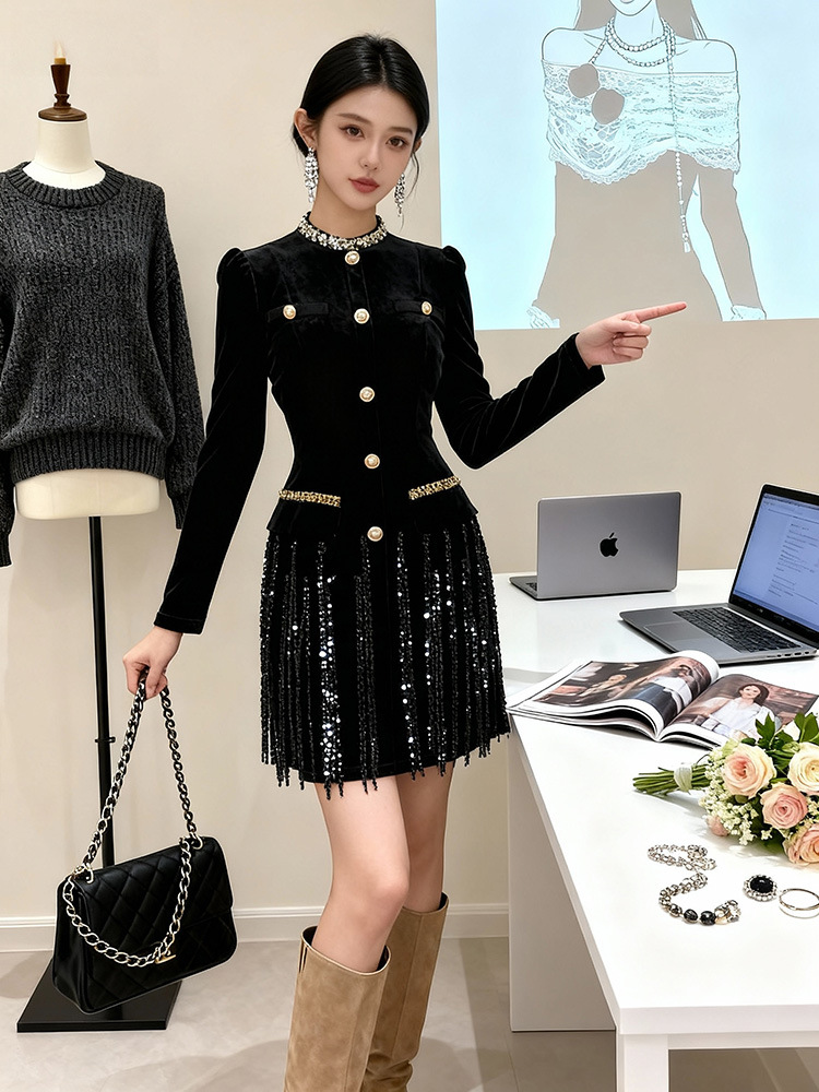 Slim round neck T-back velvet formal dress for women