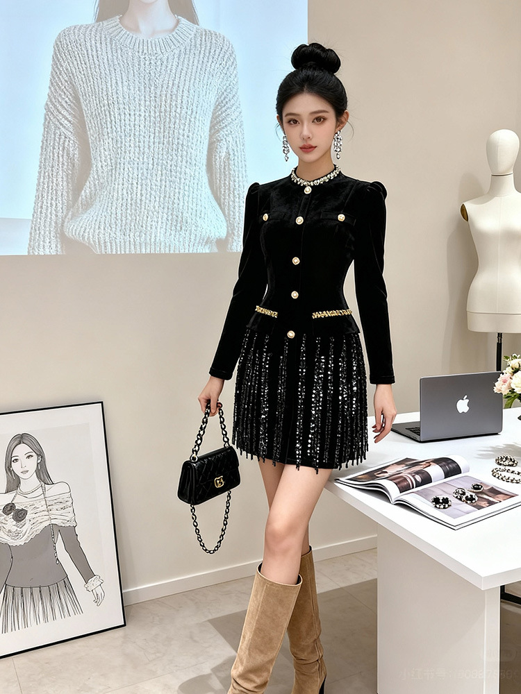 Slim round neck T-back velvet formal dress for women