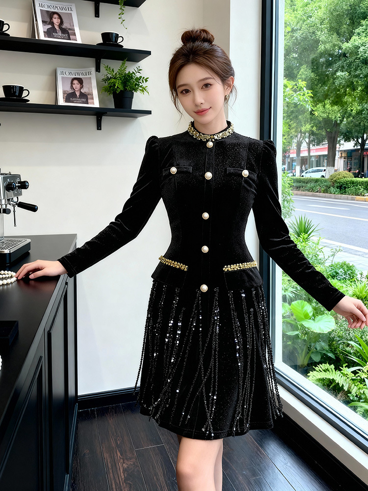 Slim round neck T-back velvet formal dress for women