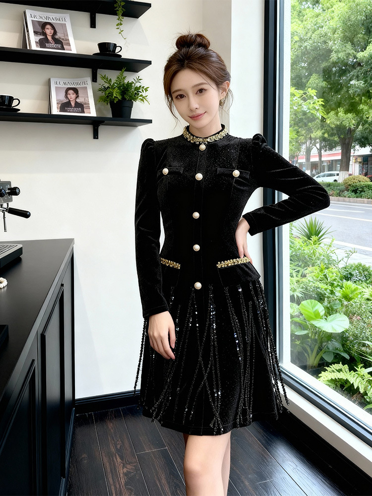 Slim round neck T-back velvet formal dress for women