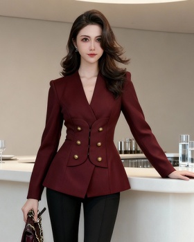 Wine-red pinched waist tops slim profession coat for women
