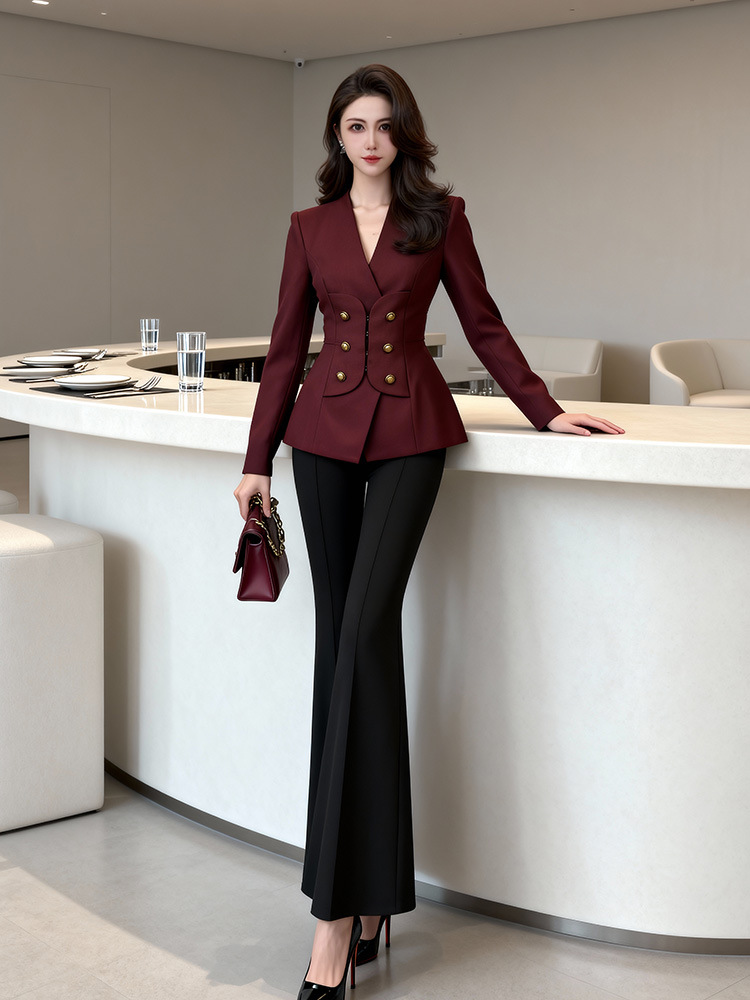 Wine-red pinched waist tops slim profession coat for women