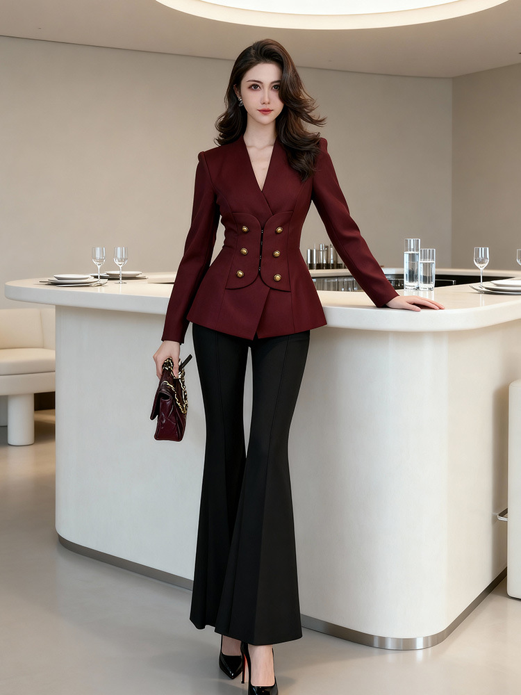 Wine-red pinched waist tops slim profession coat for women