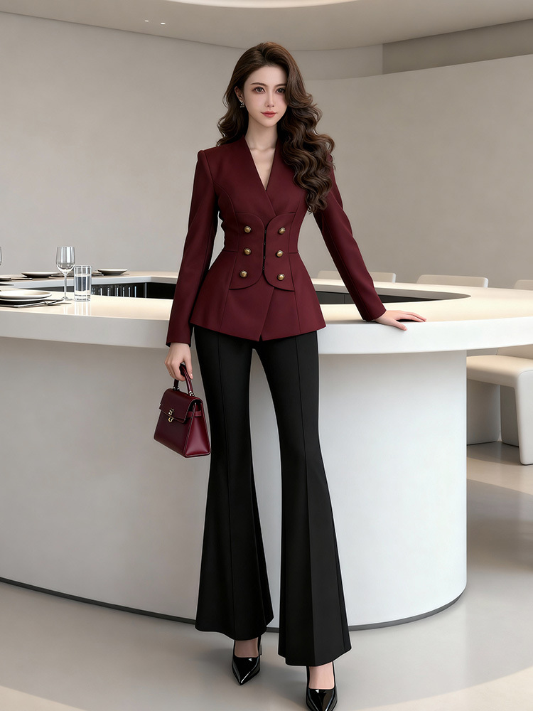 Wine-red pinched waist tops slim profession coat for women