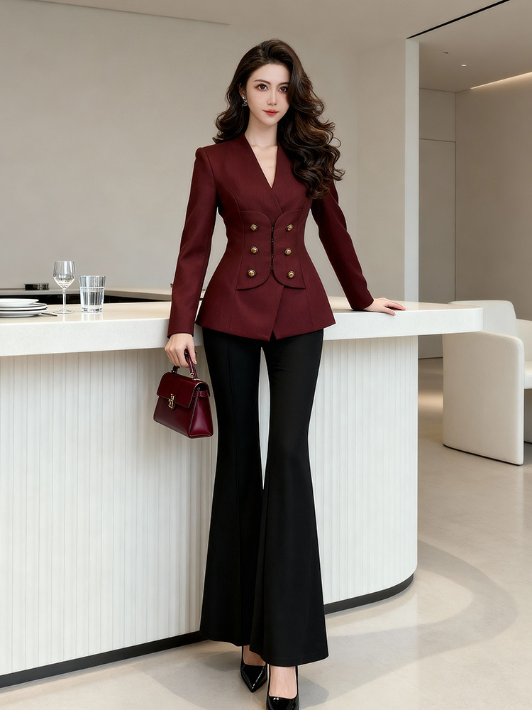 Wine-red pinched waist tops slim profession coat for women