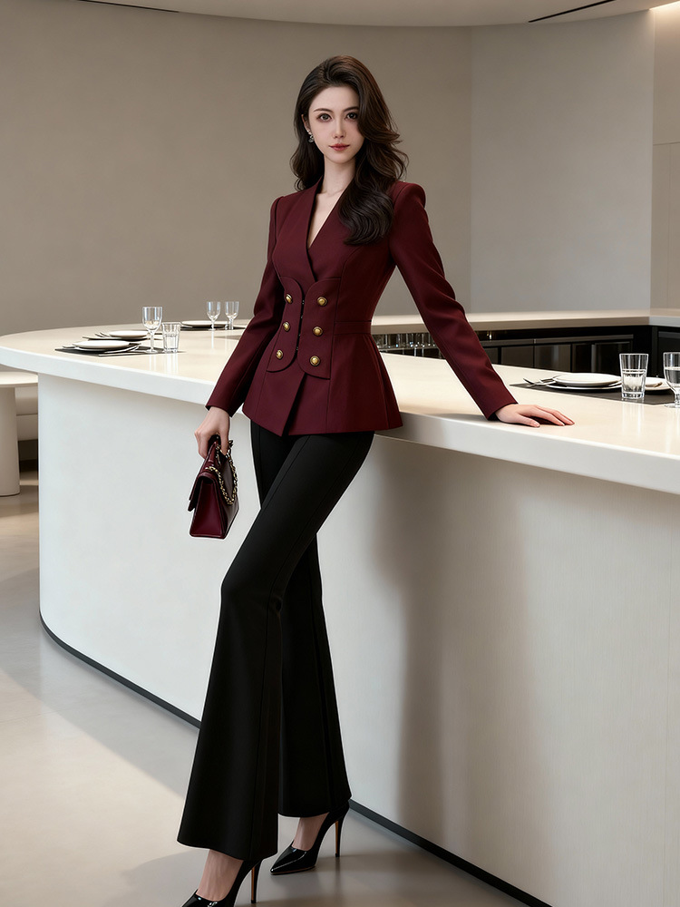 Wine-red pinched waist tops slim profession coat for women