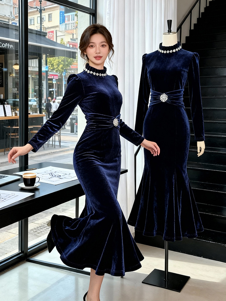 Velvet navy-blue dress mermaid evening dress for women