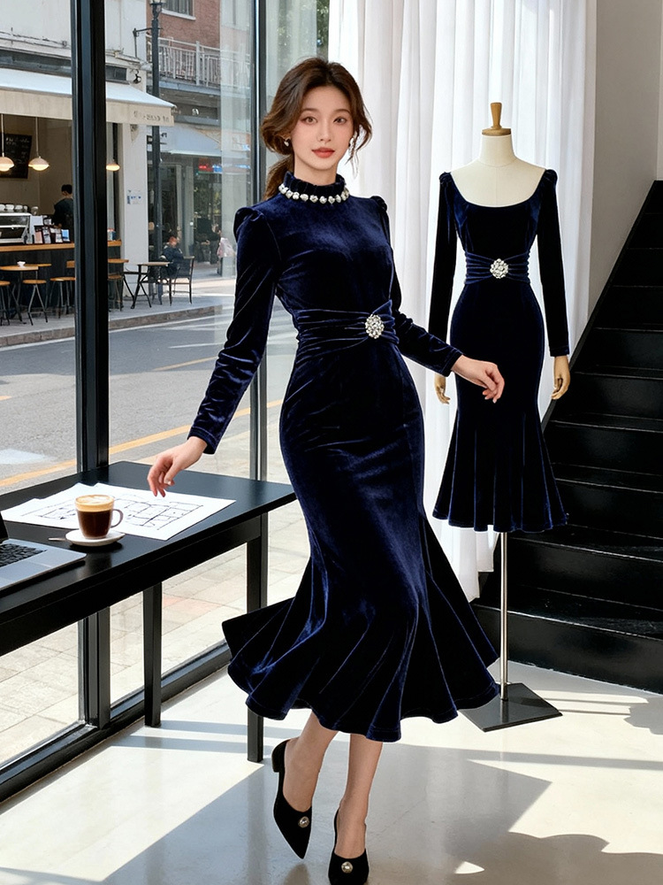 Velvet navy-blue dress mermaid evening dress for women