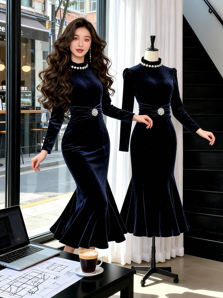 Velvet navy-blue dress mermaid evening dress for women