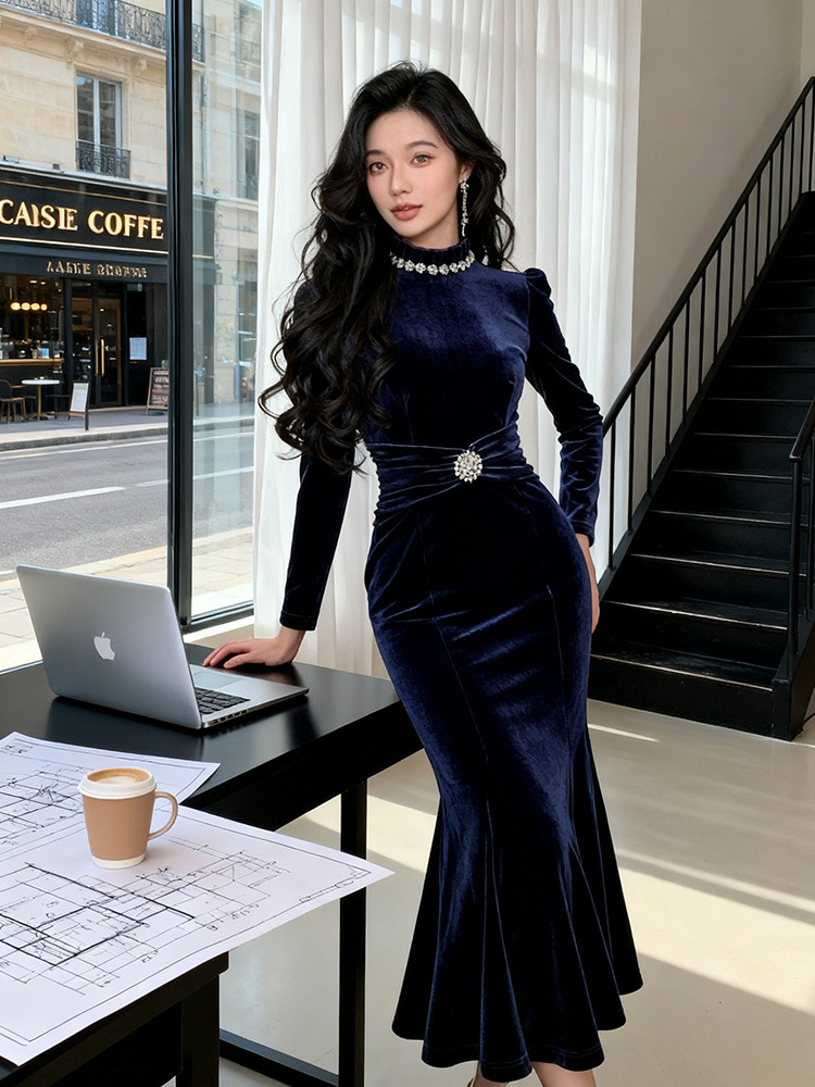 Velvet navy-blue dress mermaid evening dress for women