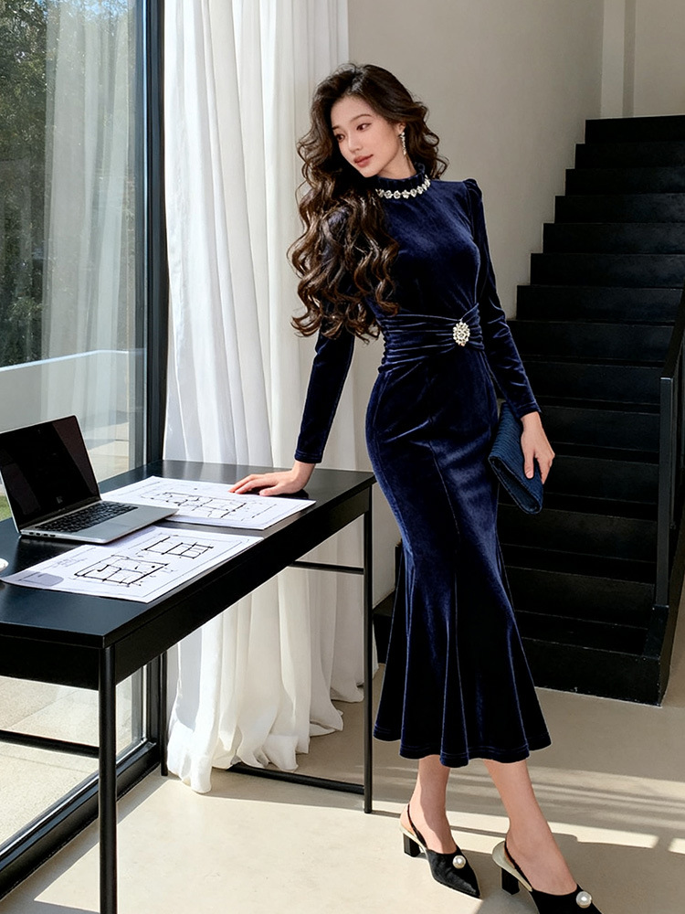 Velvet navy-blue dress mermaid evening dress for women