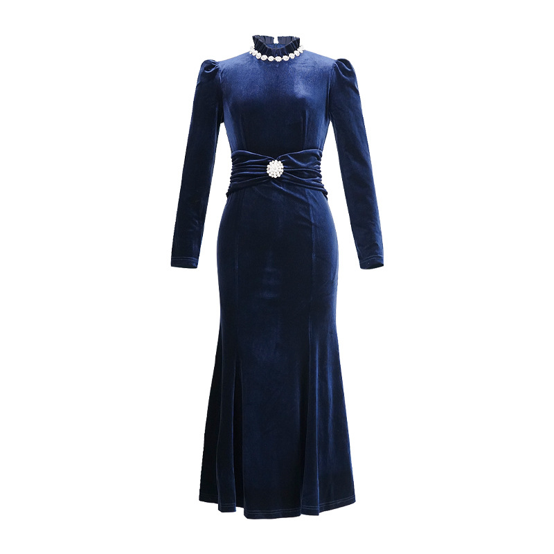 Velvet navy-blue dress mermaid evening dress for women