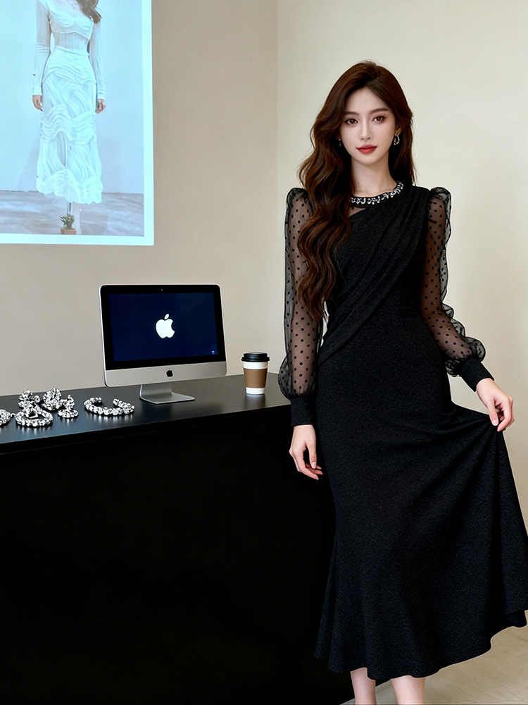 Polka dot gauze evening dress mermaid long dress for women