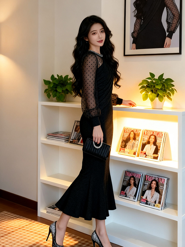 Polka dot gauze evening dress mermaid long dress for women