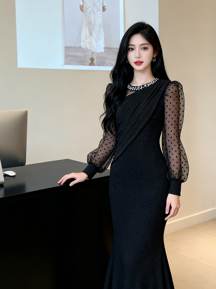 Polka dot gauze evening dress mermaid long dress for women