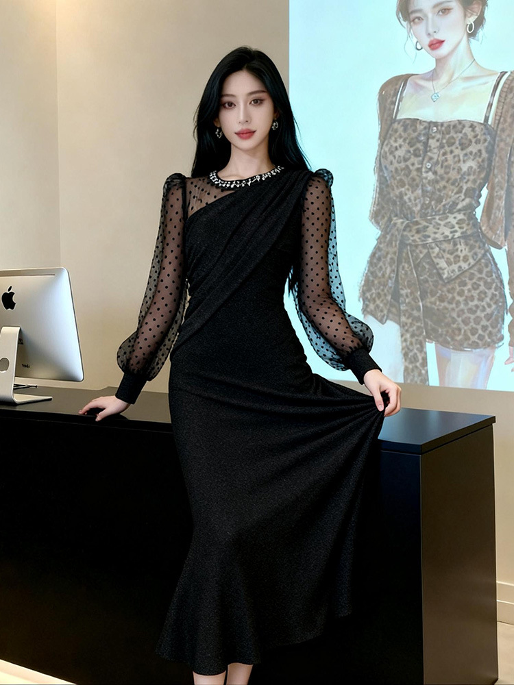 Polka dot gauze evening dress mermaid long dress for women