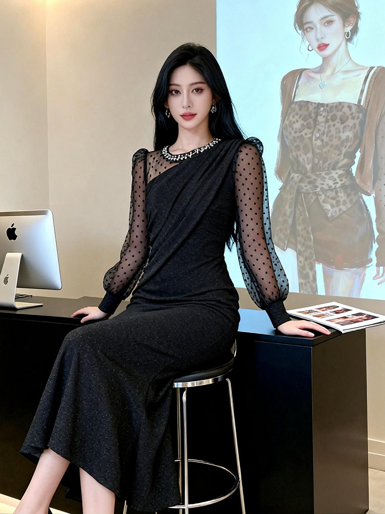 Polka dot gauze evening dress mermaid long dress for women