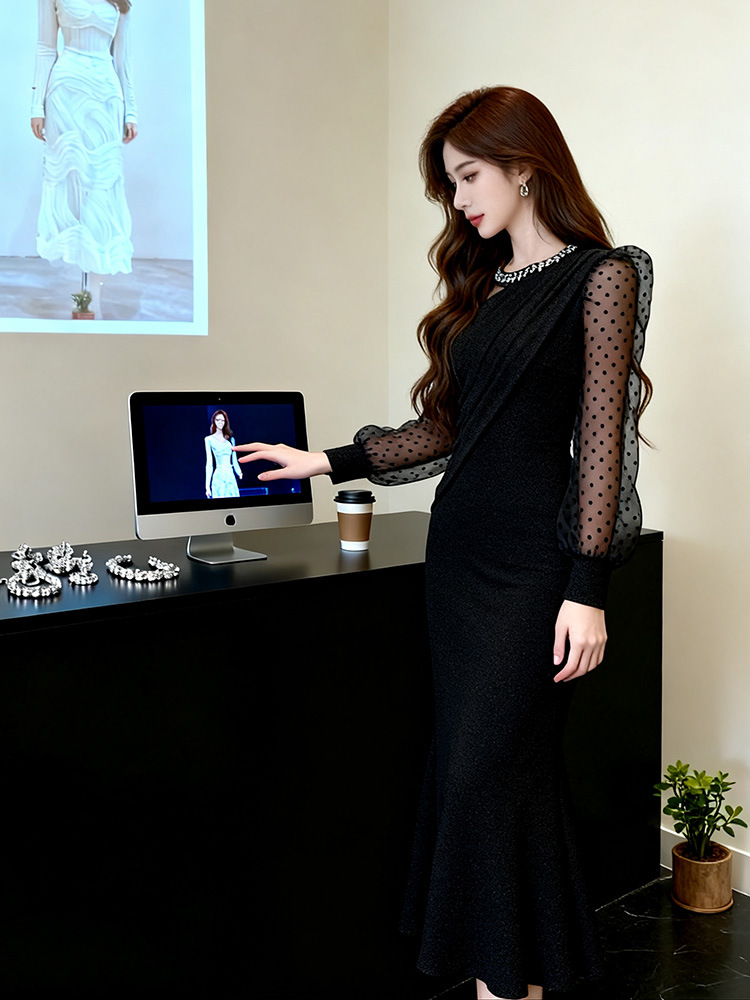 Polka dot gauze evening dress mermaid long dress for women