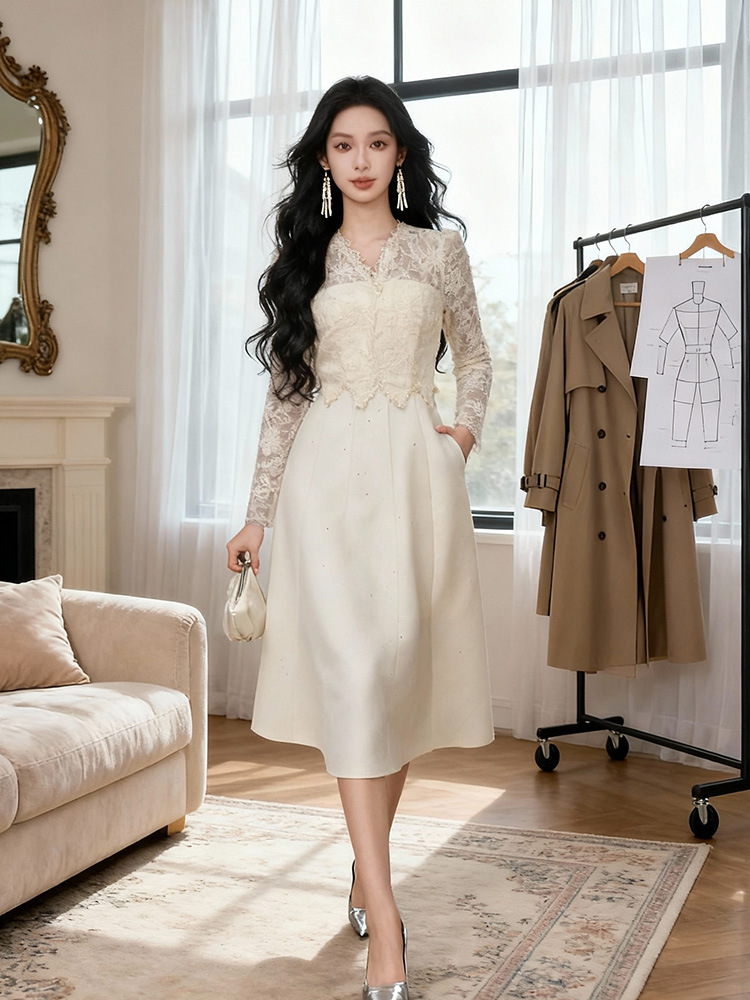 Lace pinched waist dress long formal dress for women