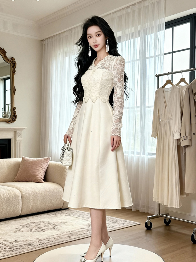 Lace pinched waist dress long formal dress for women